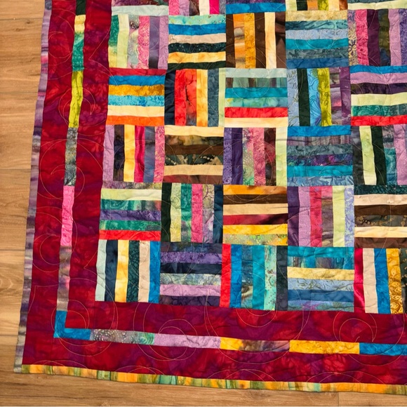 Vibrant Rail Fence Pattern Scrappy Patchwork Quilt Throw 62x54 - Picture 3 of 9